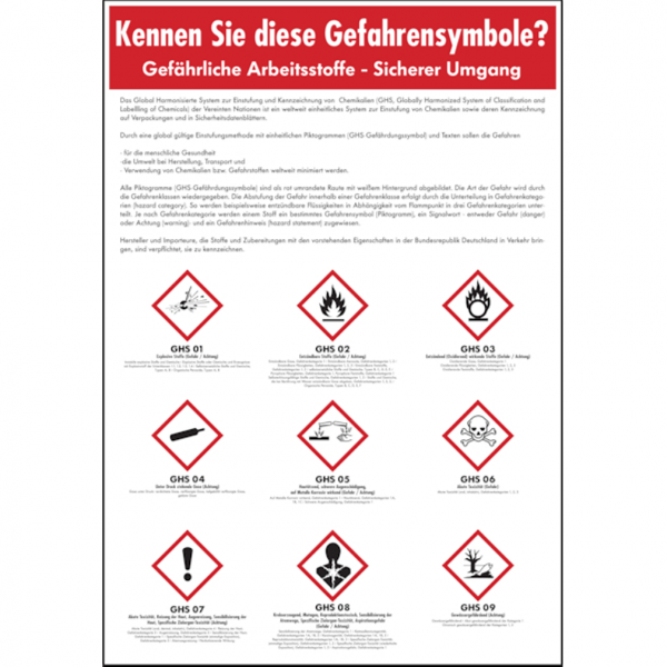 Dreifke® Aushang, Gefährliche Arbeitsstoffe - Sicherer Umgang - GHS Symbole | PVC | 410x595 mm, 1 Stk
