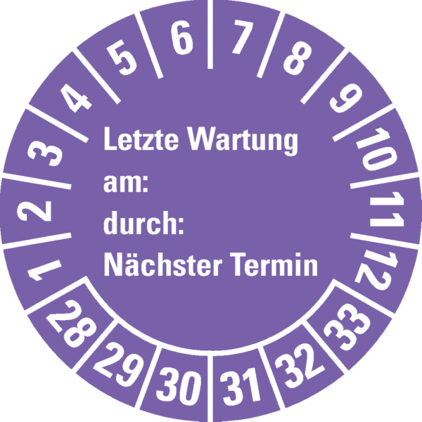 Dreifke® Prüfplakette Letzte Wart., am, durch, Nächste Prüf.28-33, violett, Dokufolie, Ø30mm, 18 Stk.