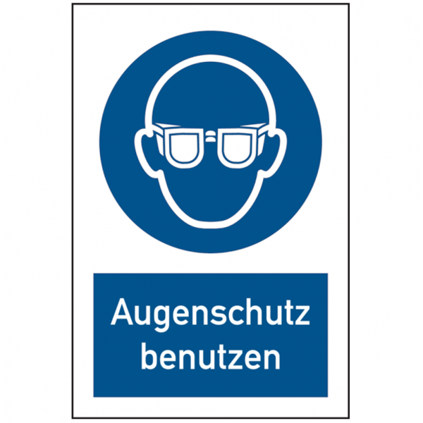 Dreifke® Alu-Schild, geprägt &quot;Augenschutz benutzen&quot;, 20x30cm (BxH), 1 Stück, Gebotszeichen (M004) gem. ISO 7010 mit Text: Augenschutz benutzen
