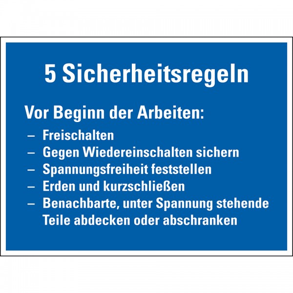 Dreifke® Schild I Hinweisschild 5 Sicherheitsregeln Vor Beginn der..., KRO, Kunststoff, 400x300mm, VDE
