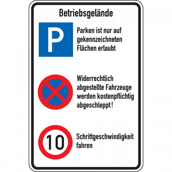 Dreifke® Schild I Betriebsgeländeschild, mit 3 Verkehrszeichen, Aluminium RA0, reflektierend, 600x900mm, DIN 67520, nach StVO