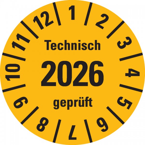 Dreifke® Prüfplakette Technisch geprüft 2026, gelb, Dokufolie, selbstkl., Ø 30mm, 18 Stück