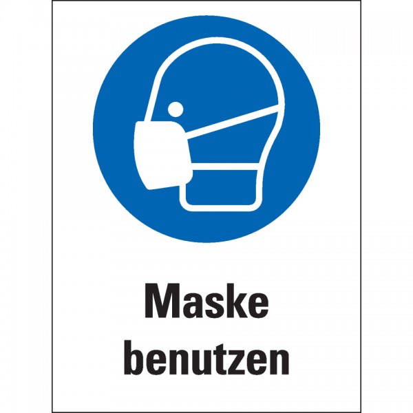 Dreifke® Aufkleber (Folie) &quot;Maske benutzen&quot;, 30x40cm (BxH), Folie selbstklebend, 1 Stück, Gebotszeichen (M016) gem. ISO 7010 mit Text: Maske benutzen