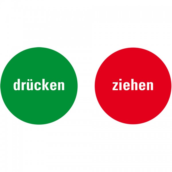 Dreifke® Aufkleber I Türhinweis Drücken/Ziehen, grün/rot, Folie, selbstklebend, Ø 100mm