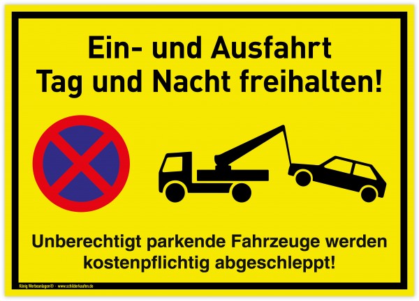 Großes Schild Ein- und Ausfahrt | PVC 42x30 cm | Tag und Nacht freihalten Unberechtigt parkende Fahrzeuge werden kostenpflichtig abgeschleppt | gelb |
