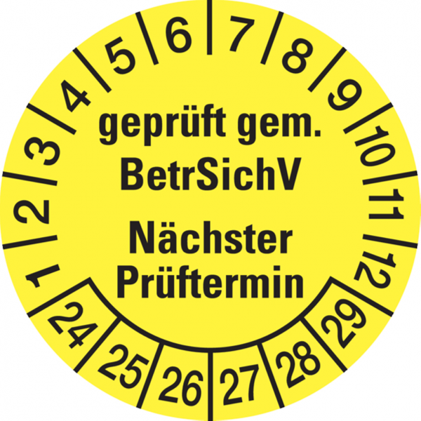 Dreifke® Prüfplakette, BetrSichV Nächster Prüftermin, gelb/schwarz, Folie, Ø 30 mm - Bogen = 10 Plaketten, Folie selbstklebend 10 Stk.