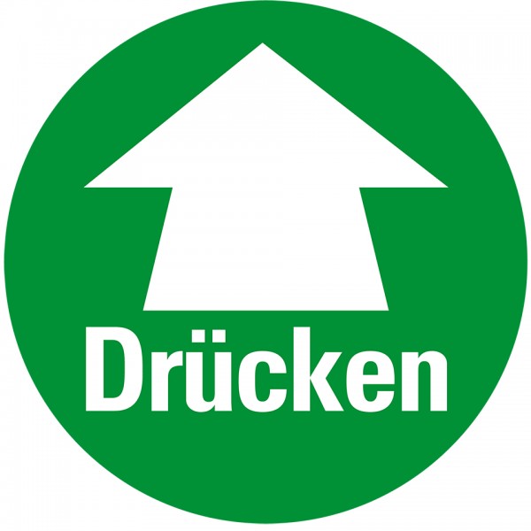 Dreifke® Aufkleber I Türhinweis Drücken, grün/weiß, Folie, selbstklebend, Ø 100mm