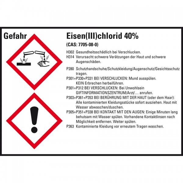 Dreifke® Aufkleber I GHS-Etikett Eisen(III)chlorid 40%, GefStoffV/GHS/CLP, Folie, 105x74mm, 8/Bogen