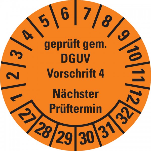 Dreifke® Prüfplakette Geprüft gem.DGUV Vorschrift 4,27-32,orange,Dokufolie,Ø30mm,18/BOG