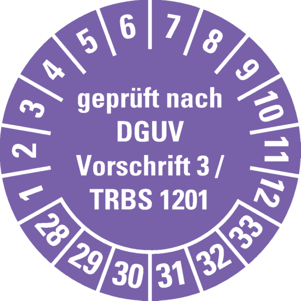 Dreifke® Prüfplakette DGUV Vorschrift 3/TRBS 1201, 28-33, violett, Dokufolie, Ø30mm, 18 Stk.