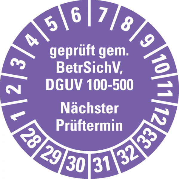 Dreifke® Prüfplakette gep.gem.BetrSichV, DGUV 100-500, NP, 28-33, violett, Dokufolie, Ø30mm, 18 Stk.