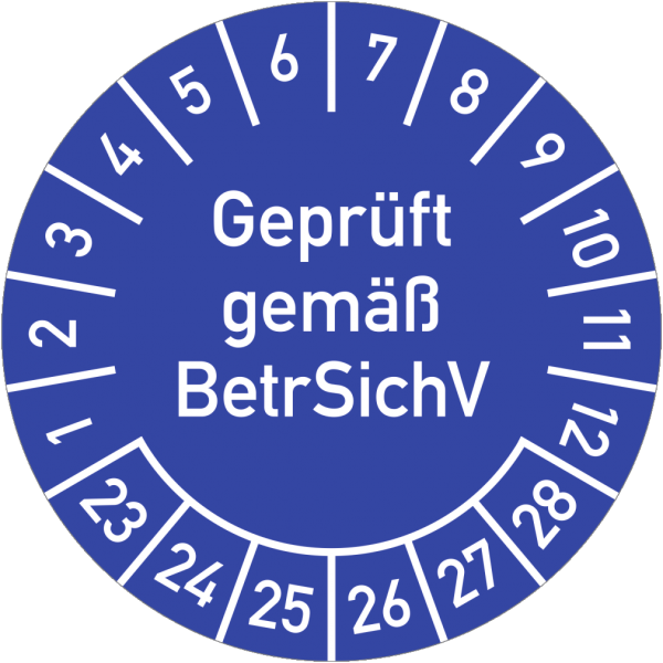 Dreifke® Prüfplakette Geprüft gemäß BetrSichV,2023-2028,Dokumentenfolie,Ø30 mm,10 St./Bo.