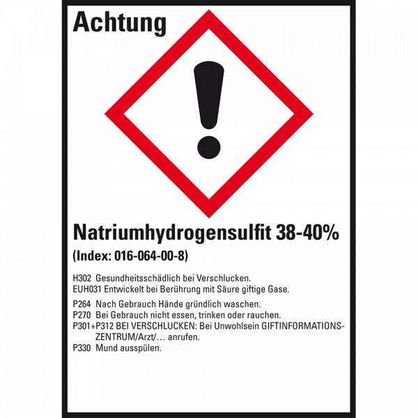 Dreifke® Aufkleber I GHS-Etikett Natriumhydrogensulfit 38-40%, GefStoffV/GHS/CLP, 52x74mm, 10/Bogen