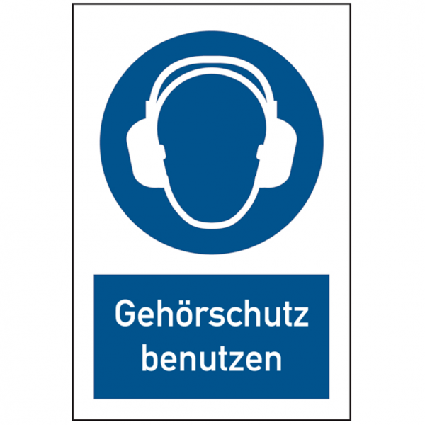 Dreifke® Alu-Schild, geprägt &quot;Gehörschutz benutzen&quot;, 20x20cm (BxH), 1 Stück, Gebotszeichen (M003) gem. ISO 7010 mit Text: Gehörschutz benutzen
