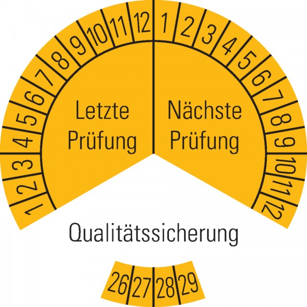 Dreifke® Prüfplakette Qualitätssicherung 26-29, gelb, Dokumentenfolie, Ø30mm, 18 Stück