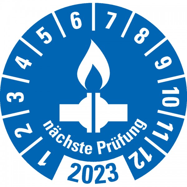 Dreifke® Aufkleber I Prüfplakette mit Pikto Gasleitung Nächster Prüftermin 2023, blau, Dokumentenfolie, Ø 30mm, 18 Stück