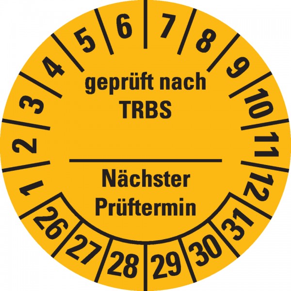 Dreifke® Prüfplakette TRBS näch.Prüft., Selbstbes, 26-31, gelb, Dokufolie, Ø30mm, 18 Stück