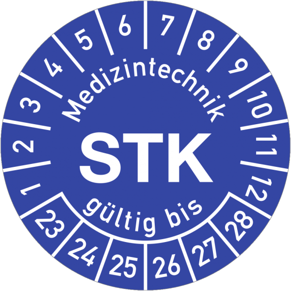 Dreifke® Prüfplakette Medizintechnik STK 2023-2028, Polyesterfolie, Ø 15 mm, 10 Stk./Bog.