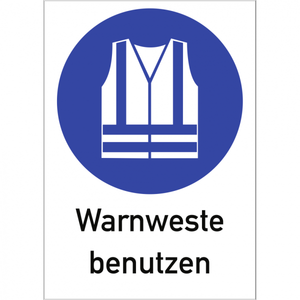 Dreifke® Alu-Schild &quot;Warnweste benutzen&quot;, 26,2x37,1cm (BxH), 1 Stück, Gebotszeichen (M015) gem. ISO 7010 mit Text: Warnweste benutzen