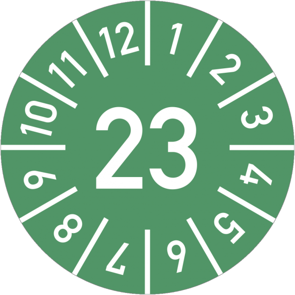 Dreifke® Prüfplakette Jahr 23 mit Monaten, grün, Dokumentenfolie, Ø 20 mm, 10 St./Bo.