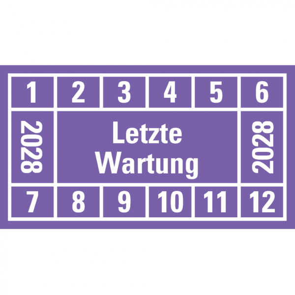 Dreifke® Prüfplakette Letzte Wartung 2028, violett, Dokumentenfolie, 45x25mm, 12 Stk.