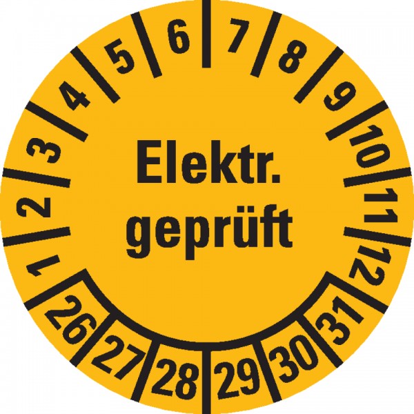 Dreifke® Prüfplakette Elektr. geprüft 26-31, gelb, Dokufolie, selbstklebend, Ø 20mm, 36 Stück