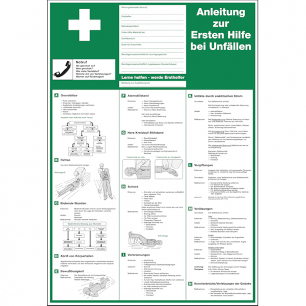 Dreifke® Aushang, Anleitung zur Ersten Hilfe bei Unfällen - verschiedene Sprachen | PVC | 410x595 mm, 1 Stk