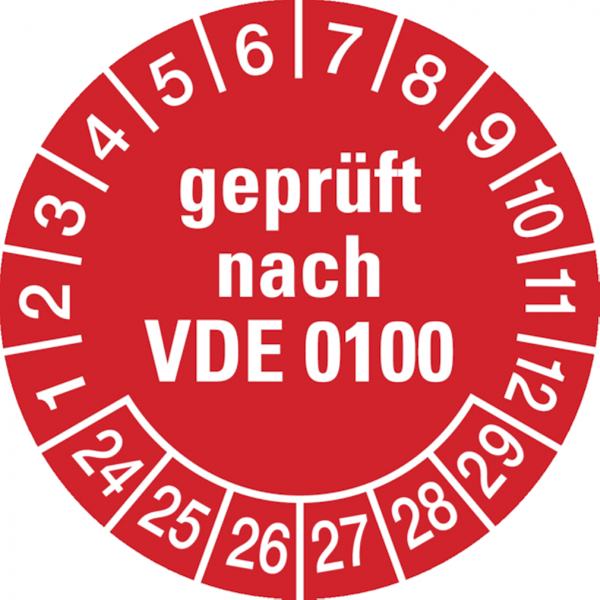 Dreifke® Aufkleber Prüfplakette, geprüft nach VDE 0100, rot/weiß, Folie, Ø 30 mm - Bogen = 10 Plaketten, Folie selbstklebend 10 Stk.