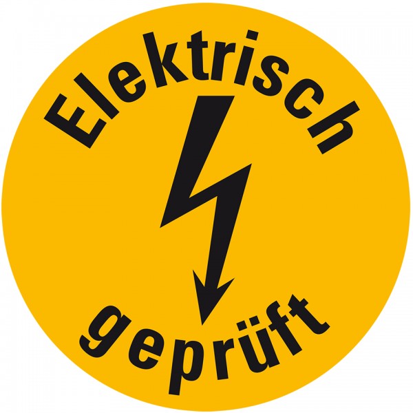 Dreifke® Aufkleber I Prüfplakette Elektrisch geprüft Blitzpfeil, gelb, Dokumentenfolie, Ø10mm, 128/Bogen