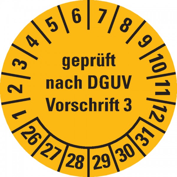 Dreifke® Prüfplakette geprüft DGUV Vorschrift 3, 26-31, gelb, Folie, ablösbar, Ø 20mm, 180/Heft