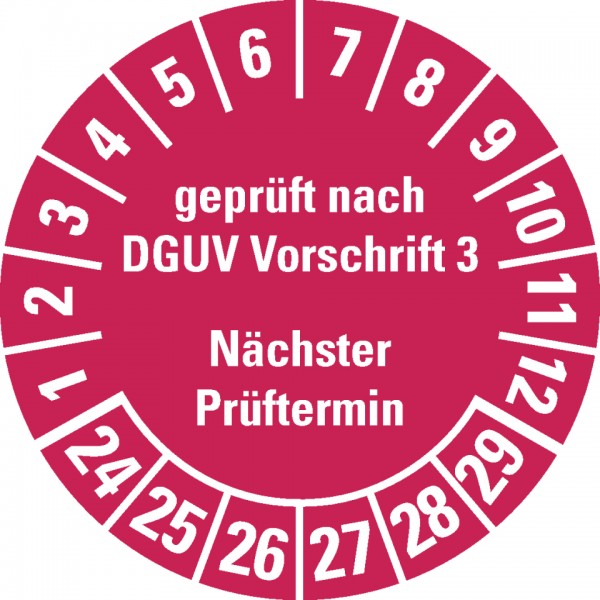 Dreifke® Prüfplakette geprüft DGUV Vorschrift 3, 24-29, rot, Folie, ablösbar, Ø 30mm, 108/Heft
