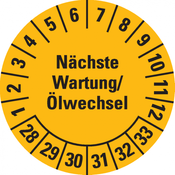 Dreifke® Prüfplakette Nächste Wartung/Ölwechsel 28-33, gelb, Dokumentenfolie, Ø30mm, 18 Stk.