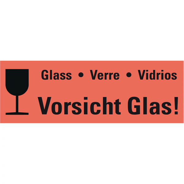 Dreifke® Hinweisetikett Vorsicht Glas!, 4-spr., leuchtrot, Haftpapier, perm., 170x60mm, 250/RO