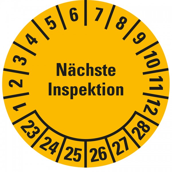 Dreifke® Aufkleber I Prüfplakette Nächste Inspektion 23-28, gelb, Dokumentenfolie, Ø 20mm, 36 Stück