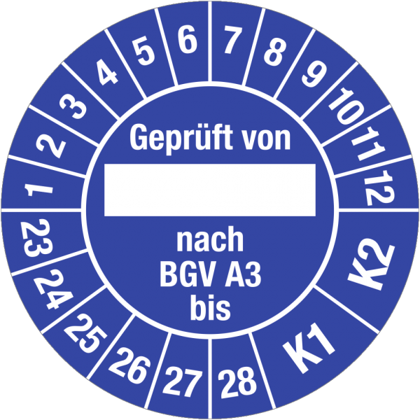 Dreifke® Prüfplakette Geprüft von nach BGV A 3 bis K1/K2 2023-2028,Folie,Ø30 mm,10St./Bo.