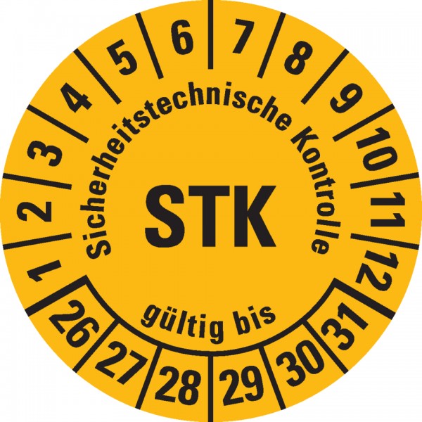 Dreifke® Prüfplakette STK 26-31, gelb, Folie, m.Spezialkl.Oberflächenschutz, Ø30mm, 18 Stück