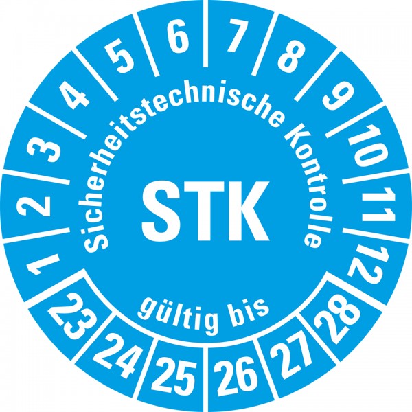 Dreifke® Prüfplakette STK 23-28, hellblau, Folie, mit Spezialkleber, Oberflächenschutz, Ø30mm, 18 Stück