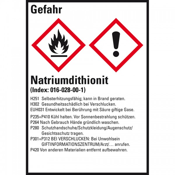 Dreifke® Aufkleber I GHS-Etikett Natriumdithionit, GefStoffV/GHS/CLP, Folie, 52x74mm, 10/Bogen