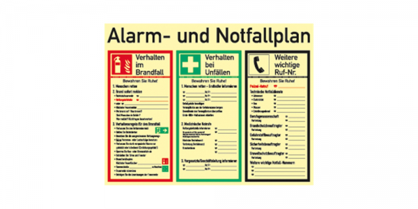 Dreifke® Schild Alarm- und Notfallplan ISO 7010, Kunststoff, nachleuchtend, 50-mcd, 620x480 mm