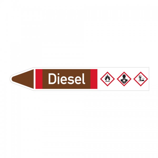 Dreifke® Aufkleber I RKZ-Etikett Diesel, links, DIN, braun/weiß/rot, für Ø 60-90mm, 310x52mm, 3 Stück