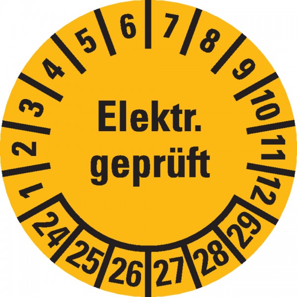 Dreifke® Aufkleber I Prüfplakette Elektronisch geprüft 24-29, gelb, Dokumentenfolie, selbstklebend, Ø 20mm, 36 Stück