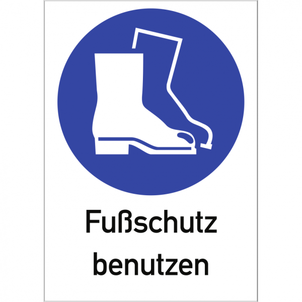 Dreifke® Kunststoff-Schild &quot;Fußschutz benutzen&quot;, 21x29,7cm (BxH), 1 Stück, Gebotszeichen (M008) gem. ISO 7010 mit Text: Fußschutz benutzen