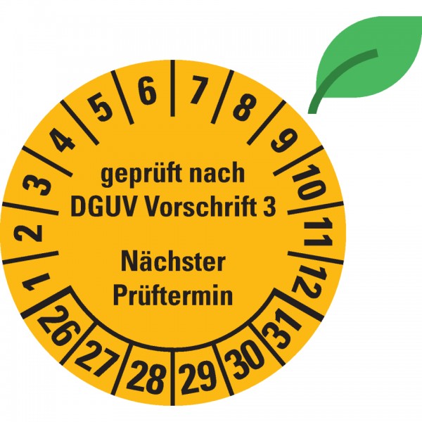 Dreifke® Prüfplakette geprüft nach DGUV Vorschrift 3, Nächster Prüftermin, 26-31, gelb, ökolog.Folie, Ø 30mm, 500/Rolle