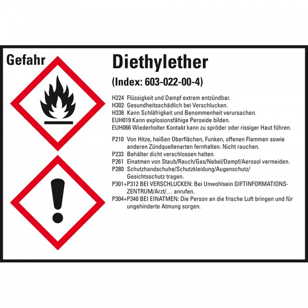 Dreifke® Aufkleber I GHS-Etikett Diethylether, GefStoffV/GHS/CLP, Folie, 105x74mm, 8/Bogen