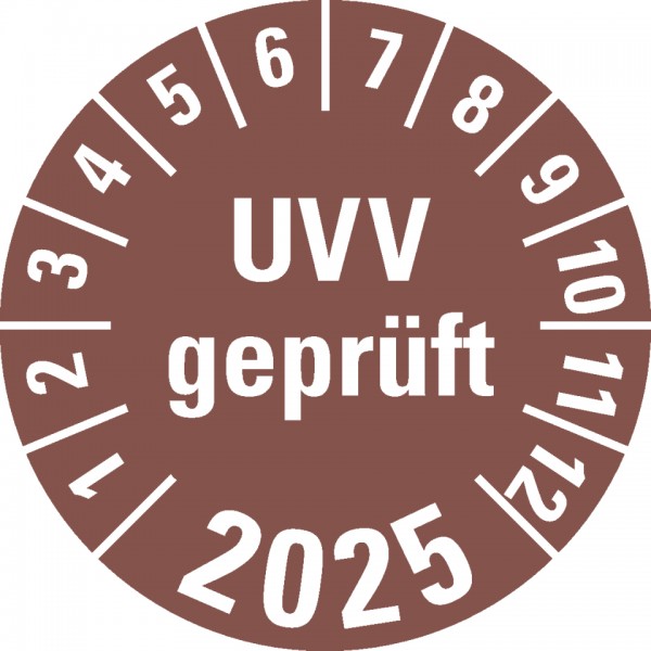 Dreifke® Aufkleber I Prüfplakette UVV geprüft 2025, braun, Dokumentenfolie, selbstkl., Ø30mm, 18 Stück