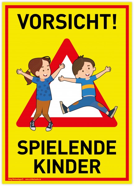 Großes Schild Vorsicht! Spielende Kinder | PVC 30 x 42 cm | Achtung Spieplatz | Langsam! Spielende Kinder | gelb | PVC-Schild mit UV-Schutz | Dreifke®