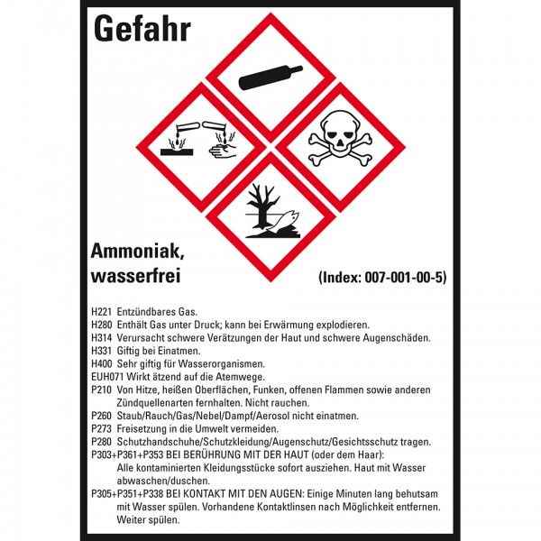 Dreifke® Aufkleber I Gefahrstoffetikett Ammoniak, wasserfrei, GefStoffV/GHS/CLP, Folie, 52x74mm, 10/Bogen