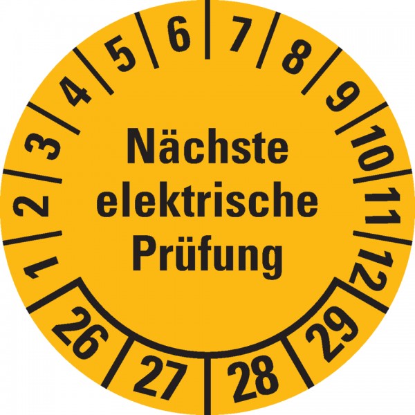 Dreifke® Prüfplakette Nächste elektrische Prüfung 26-29, gelb, Dokufolie, Ø30mm, 18 Stück