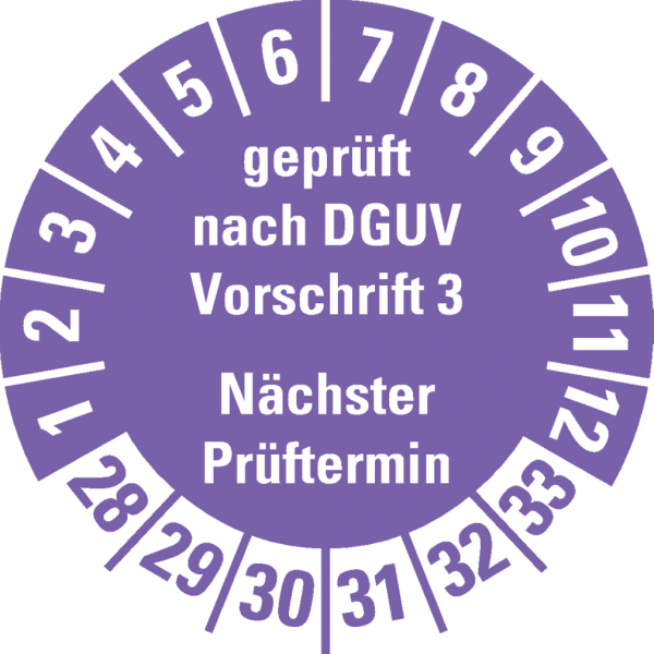 Dreifke® Prüfplakette Gepr.n. DGUV Vorschrift 3 28-33, violett, Schachbrettfolie, Ø30mm, 18 Stk.