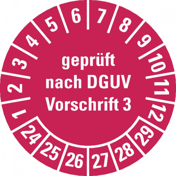 Dreifke® Prüfplakette geprüft DGUV Vorschrift 3, 24-29, rot, Folie, ablösbar, Ø 20mm, 180/Heft